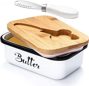 AISBUGUR Large Butter Dish with Lid for Countertop, Metal Butter Keeper with Stainless Steel Multipurpose Butter Knife, Butter Container with Double High-quality Silicone Good Kitchen Gift White