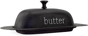 AuldHome Enamelware Black Butter Dish, Modern Farmhouse Style Enamelware Butter Server with Cover