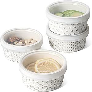 LE TAUCI Ramekins with Lids, 8 oz Ramikin Set for Creme brulee, Souffle, Dipping Sauces, Ceramic Food Storage Containers Great for leftovers - 4.4 inch, Set of 4, Arctic White