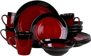 Elama Round Stoneware Two-Toned Dinnerware Dish Set, 16 Piece, Bright Red and Black