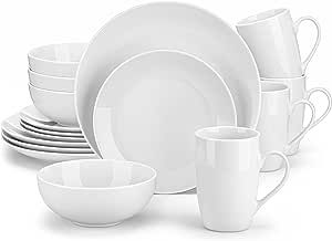 MALACASA 16-Piece Gourmet Porcelain Dinnerware Sets, Modern White Round Dish Set for 4 - Premium Serving Plates and Bowls Sets for Dessert, Salad, Soup, Pasta - Series AMELIA