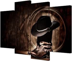VVOVV Wall Decor Cowboy Wall Art american western art Hat and Boots West Rodeo Elements The Picture Prints on Canvas Stretched and Framed Ready To Hang Living Room Decoration