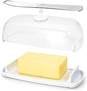 Butter Hub Extra Large Butter Dish with Lid and Knife, European Size Magnetic Butter Keeper, Easy Scoop, No Mess Lid, Plastic, Dishwasher Safe (Clear, European / 2 Sticks)