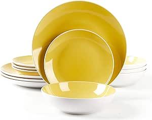HomeVss, Stoneware Coupe Shape 12pc Dinnerware Set, Outside White + Inside Yellow