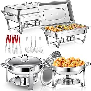 Mifoci 4 Set Chafing Dish Buffet Set 8qt Stainless Steel Rectangular Chafer and 4qt Round Chafer Food Warmer with Serving Spoons and Tongs for Buffet Party Wedding Catering