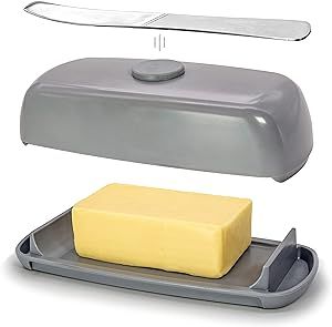 Butter Hub Extra Large Butter Dish with Lid and Knife, European Size Magnetic Butter Keeper, Easy Scoop, No Mess Lid, Plastic, Dishwasher Safe (Grey),European / 2 Sticks