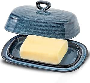 Hasense Butter Dish with Lid, Porcelain Butter Container with Handle for Countertop, Large Butter Keeper & Holder with Cover for West East Coast Butter, Farmhouse Kitchen Decor for Gift, Blue