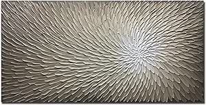 AMEI Art Paintings, 24X48Inch Hand Painted Modern Textured Blossoming Flower Oil Painting on Canvas Contemporary Artwork Art Wood Inside Framed Hanging Wall Decoration Abstract Painting (Silver-brown)