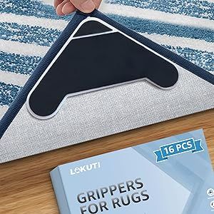 16 PCS Grippers for Rugs, Dual Sided Anti Curling Rug Tape Grippers for Hardwood Floors, Reusable Non Slip Double Sided Adhesive Carpet Tape Pad Grips Rug Corners by Lakuti(Black)