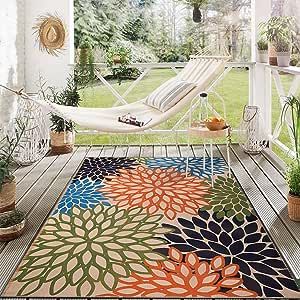 KIMODE Indoor Outdoor Rug 5x7 Reversible Washable Floral Area Rug Low-Profile Living Room Rug Cotton Woven Large Patio Rug Multicolor Floor Carpet for Backyard,Deck,Porch,Bedroom-Green