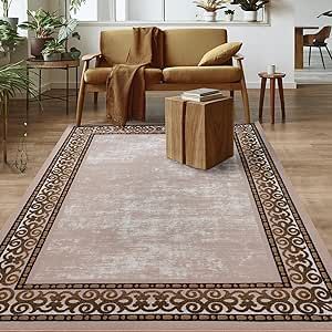 Antep Rugs Alfombras Bordered Modern 5x7 Non-Slip (Non-Skid) Low Pile Rubber Backing Indoor Area Rug (Beige, 5' x 7')