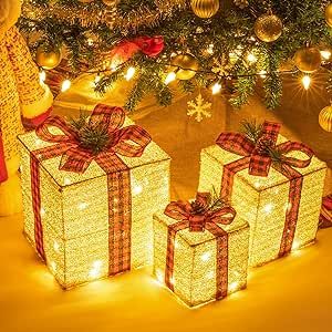 Sunnyglade 10"-8"-6" Set of 3 Christmas Lighted Gift Boxes Decoration Boxes with Plug, Bows, Artificial Pine Leaves and Pine Cones for Christmas, Weddings Yard Home Holiday Art Decoration