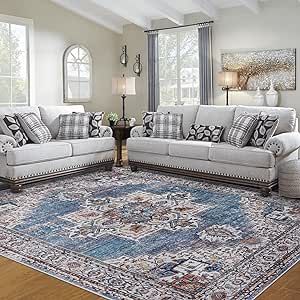 Area Rugs for Living Room: 8x10 Rug for Bedroom Machine Washable with Non Slip Backing Non Shedding, Boho Medallion Floral Large Carpet for Dining Room Nursery Home Office Blue/Brown