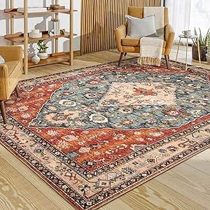 Lahome Boho Tribal Area Rug - 8x10 Large Living Room Area Rug for Bedroom Aesthetic, Washable Playroom Mat Vintage Soft Nursery Accent Carpet for Dining Family Room Foyer Apartment Den,Rust